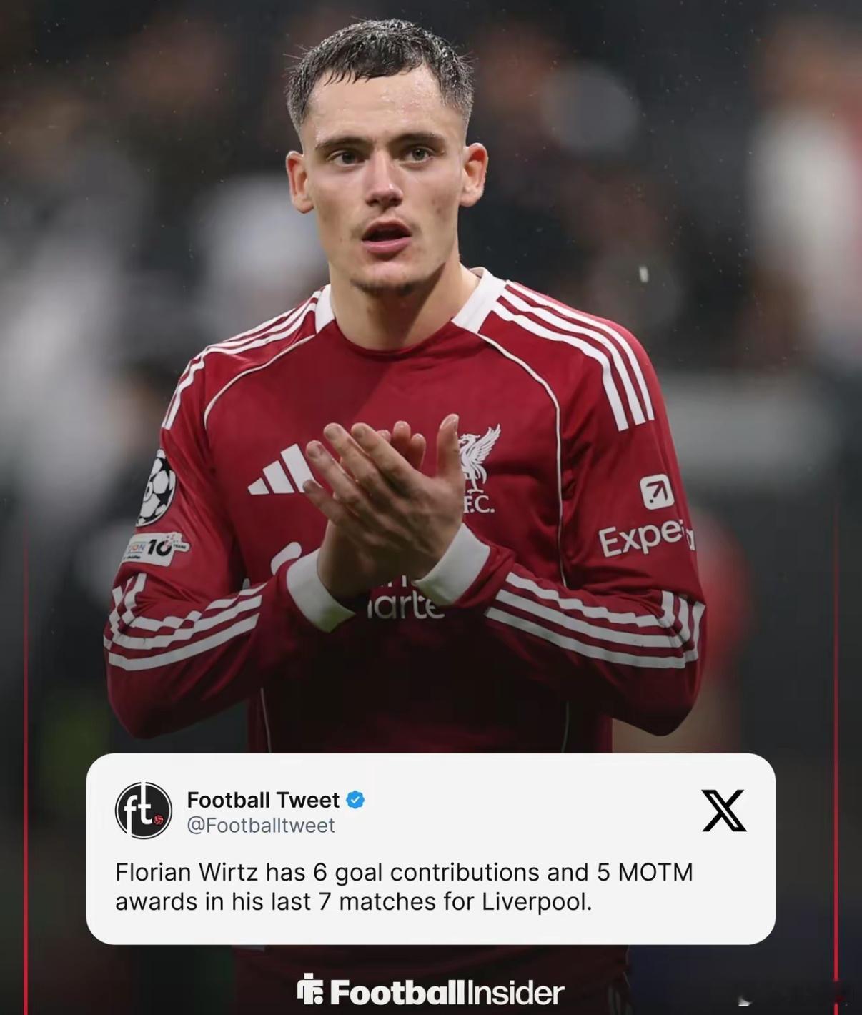 弗洛里安·维尔茨在利物浦彻底找回状态了最近 7 场比赛，他直接参与 6 球，同时