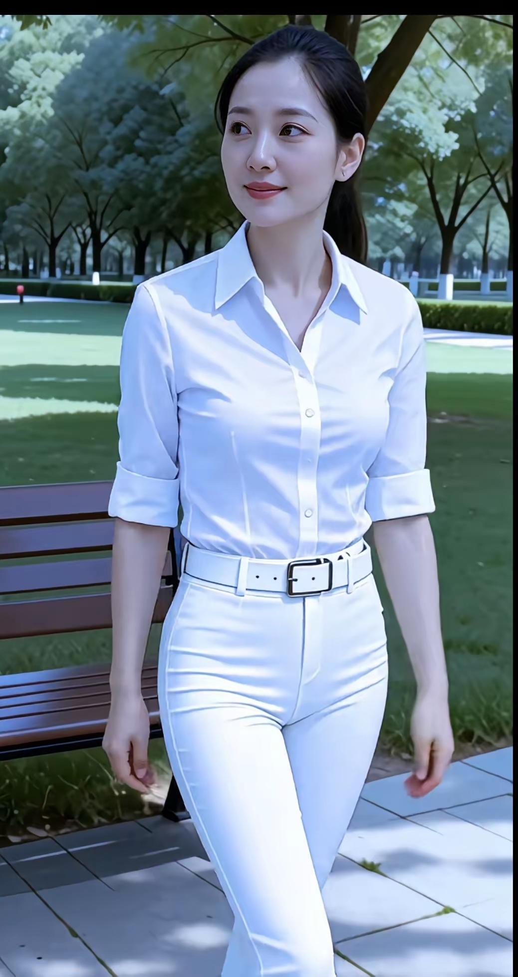 这姑娘穿得真精神，阳光明媚。