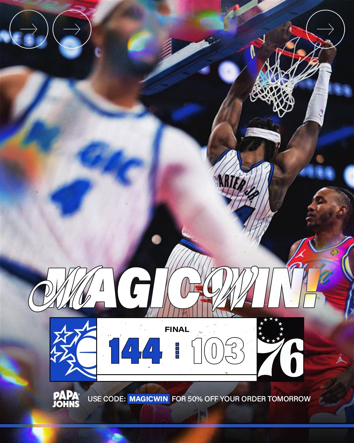 魔术轰出球队赛季新高的144分，把杯赛净胜分刷到了61分，静候周六和活塞一战。7