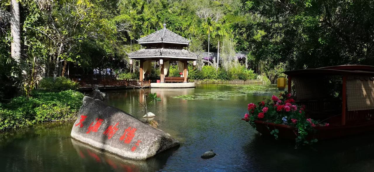 冬日生活打卡季在椰林掩映的水榭旁，“天海物语”的石刻静静卧在水面，乌篷船载着繁花