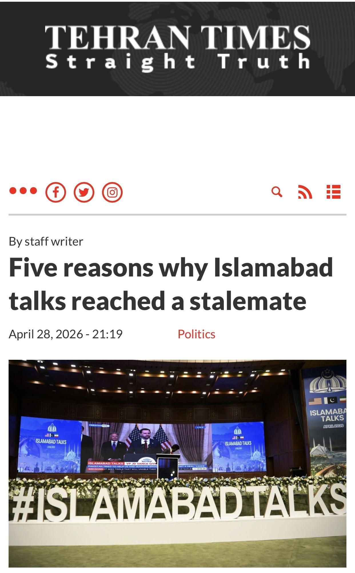 伊媒：美伊和谈陷入僵局的五大关键问题

伊朗《德黑兰时报》官网4月28日报道：伊