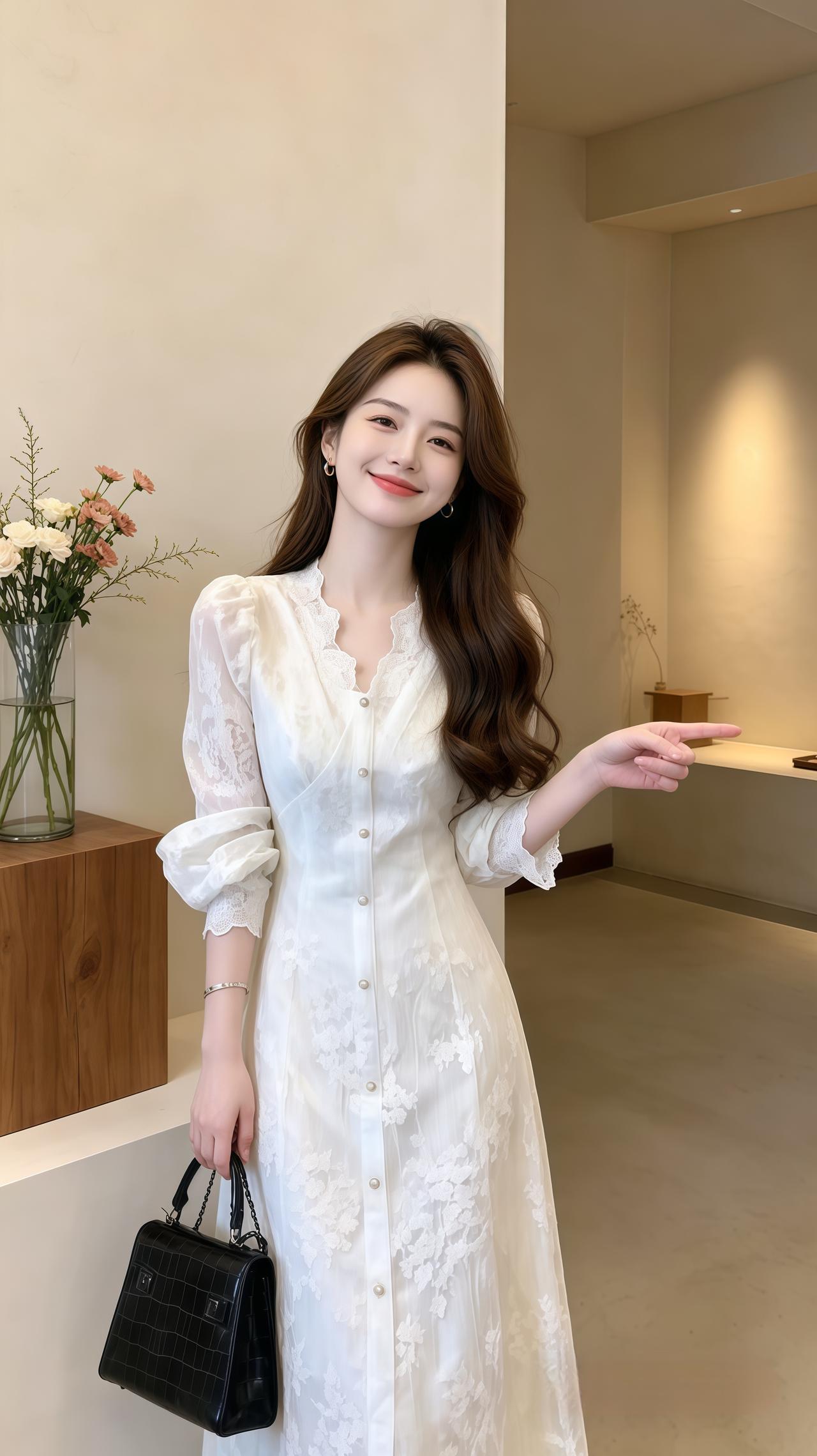 法式温柔蕾丝v领 气质仙女裙甜美穿搭 穿搭气质穿搭高级感穿搭