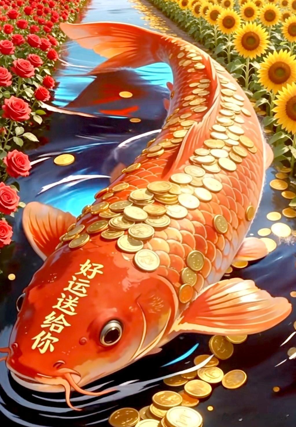 锦鲤乘风携富贵，
财源顺水纳吉祥。