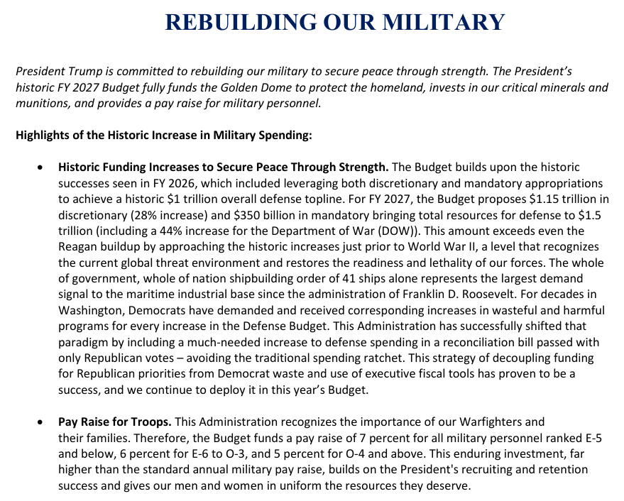 白宫周五公布新的军费预算案，要求2027财年1.5万亿美元军费2027财年就是2