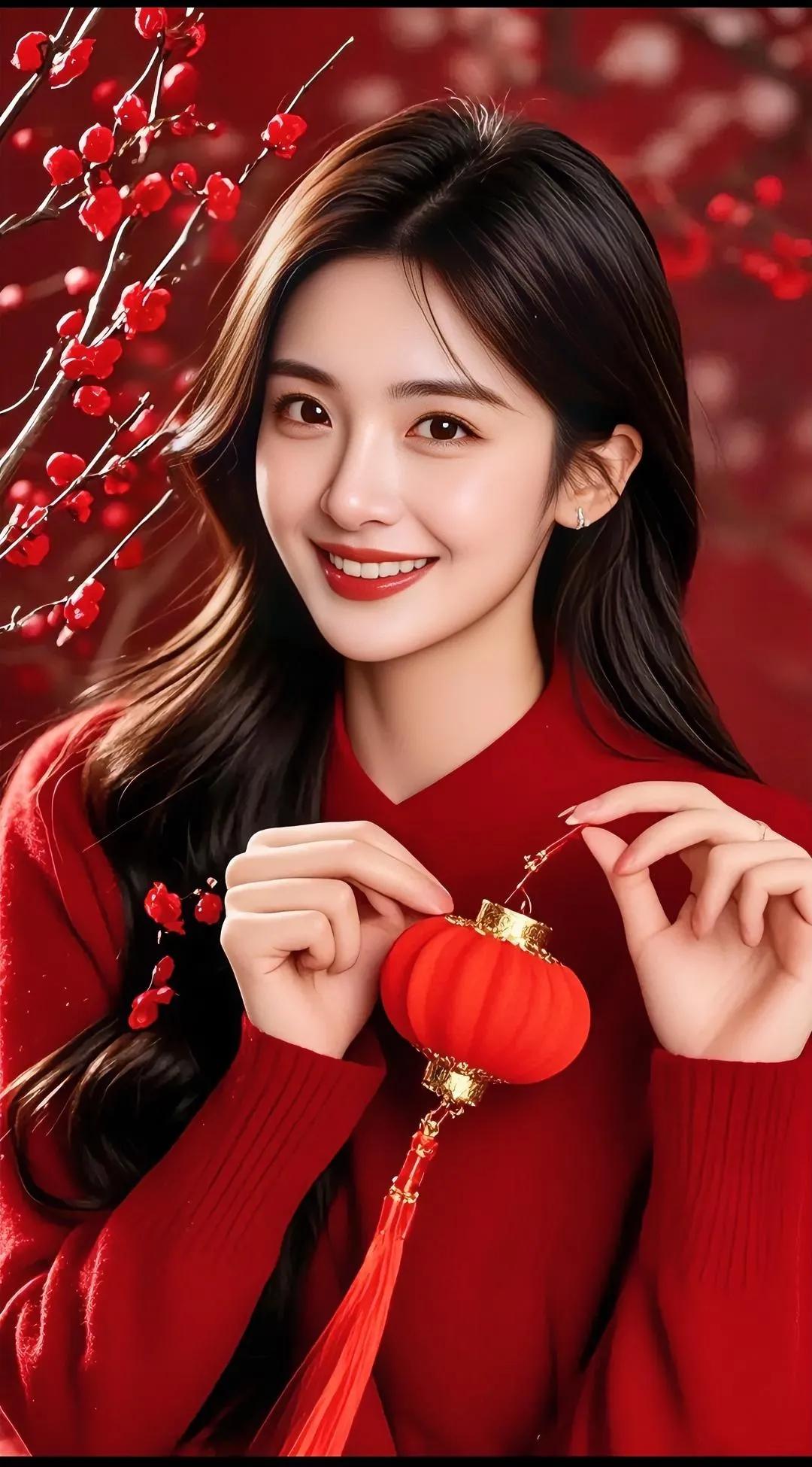 喜庆红衣美少女，手中提灯庆团圆。红衣姑娘你真美 红灯笼美女