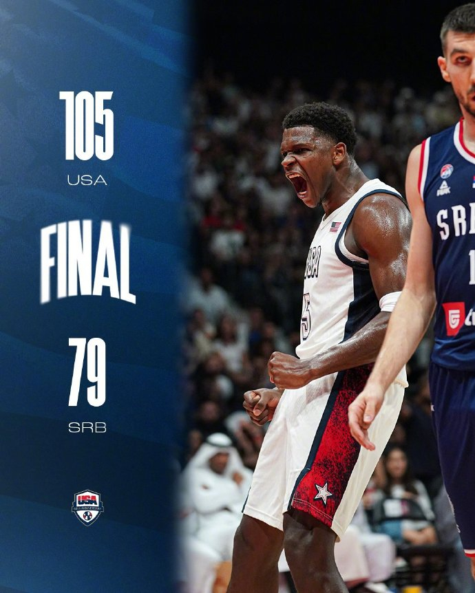 奥运热身赛，美国男篮105-79大胜塞尔维亚男篮，取得三连胜。库里6记三分贡献2
