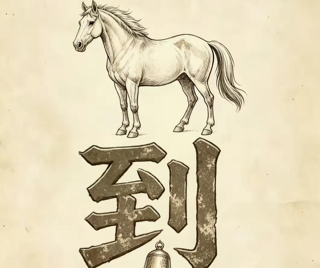 一匹马下面有个大“到”字。这个组合很有意义，一个好的词语，看图猜词语，开心快乐。