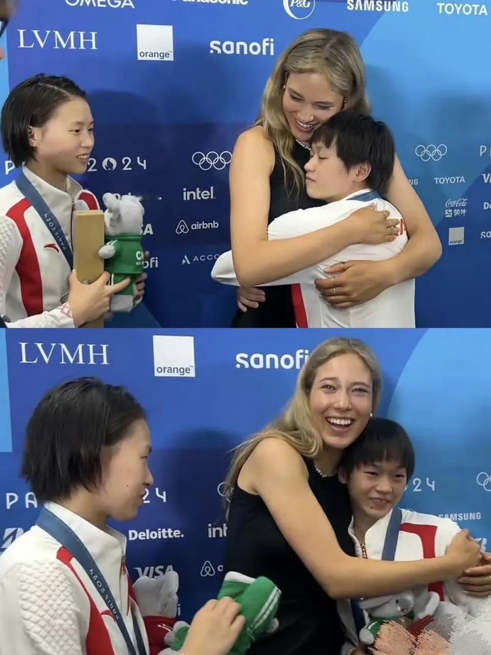 谷爱凌不愧为名媛，前两天和全红婵抱抱，哄的全妹开心的像个小宝宝。昨天谷爱凌来到了