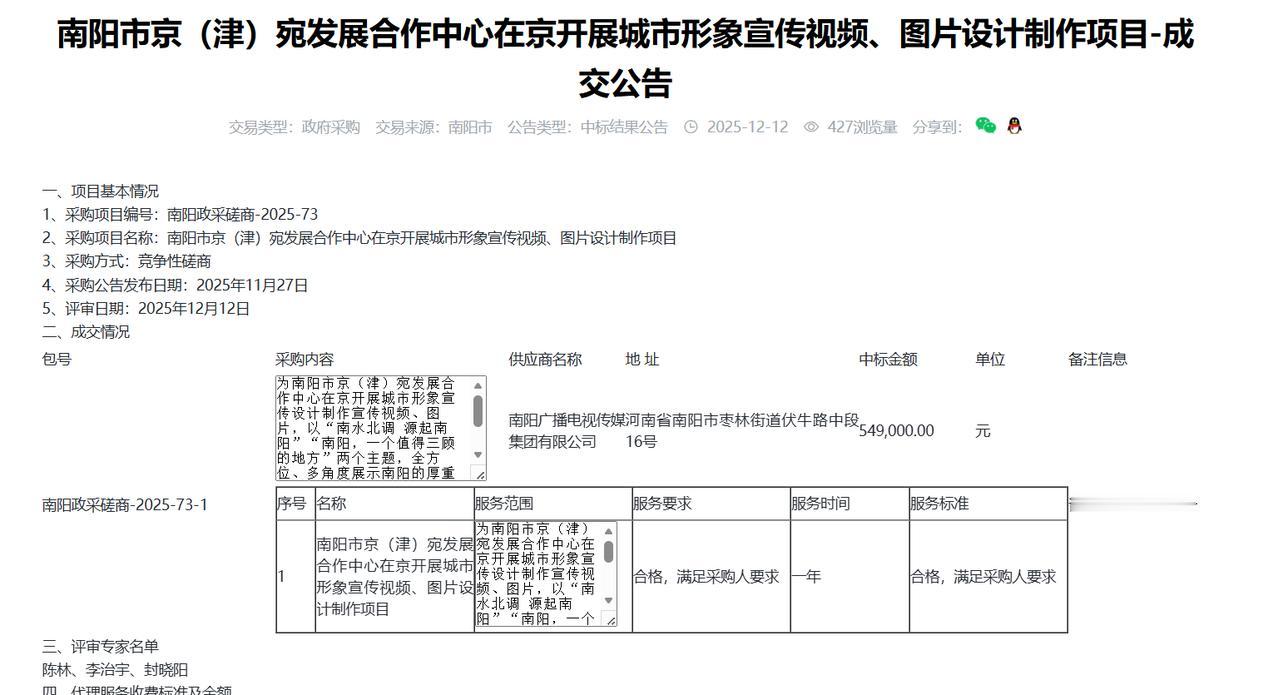 南阳市京（津）宛发展合作中心在京开展城市形象宣传视频、图片设计制作项目-成交公告