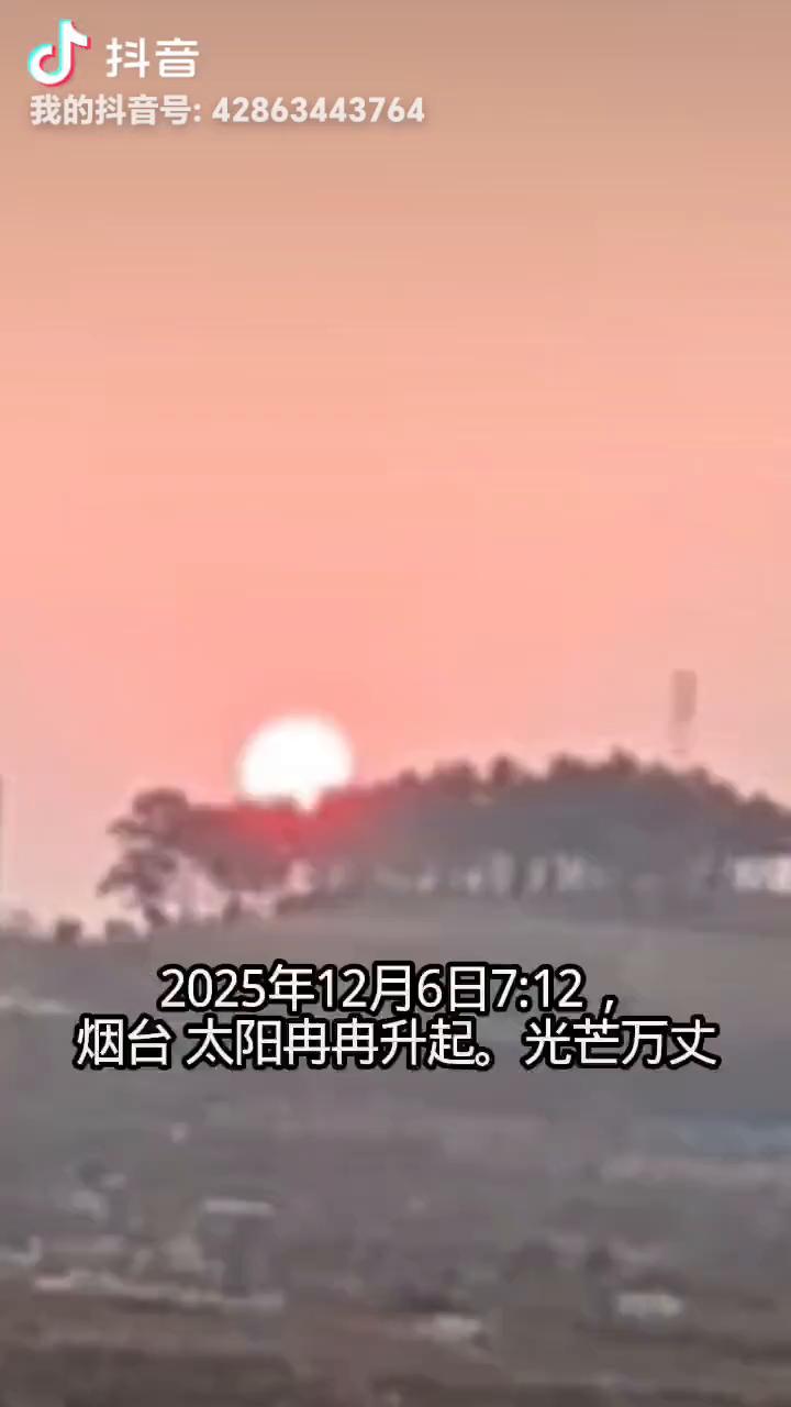 2025年12月6日7：12，烟台太阳冉冉升起，光芒万丈。太阳从东山坡上的小树林