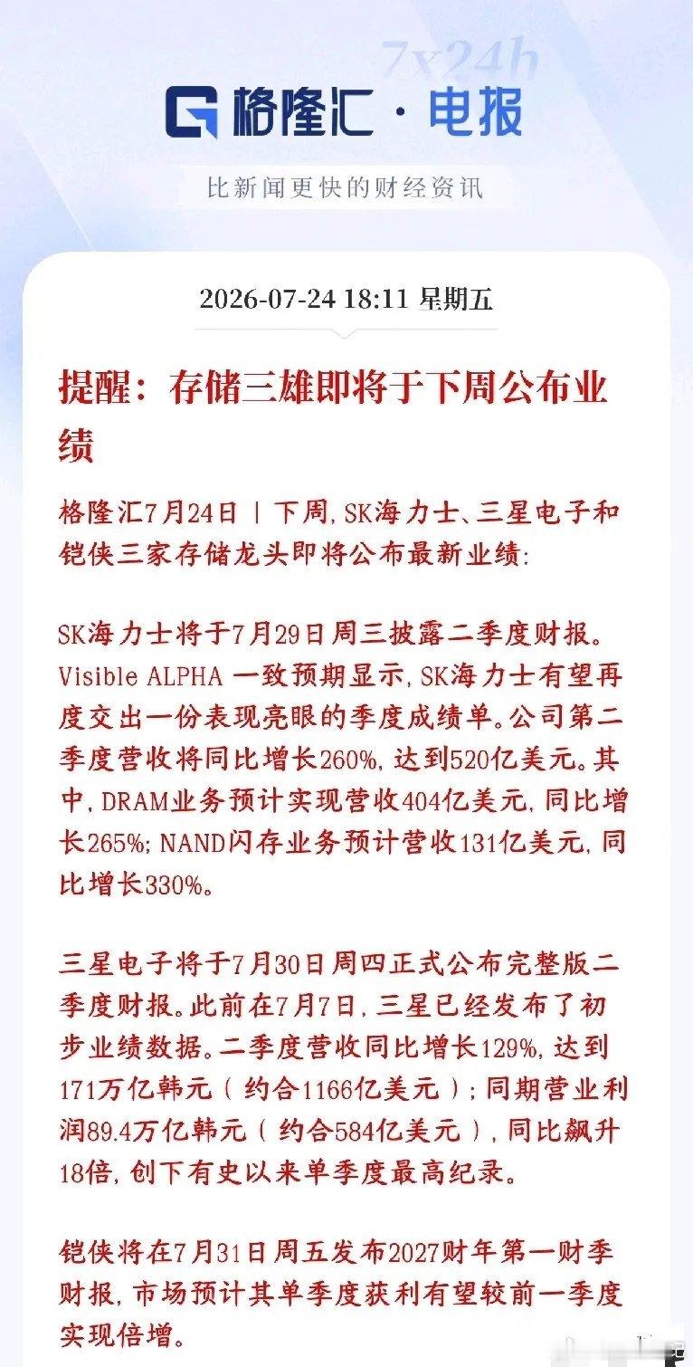A股下周全球存储三大龙头将密集披露最新季度财报，堪称短期存储板块最大事件窗口：7