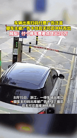 浙江，男子开车出停车场，因为支付弹窗没完没了，关又关不掉，一怒之下冲断杆开走。停