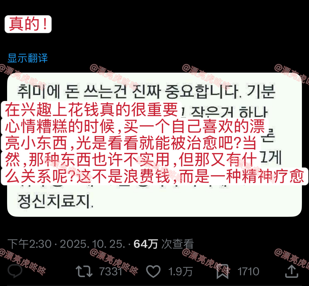 【twi】“在兴趣上花钱真的很重要。心情糟糕的时候，买一个自己喜欢的漂亮小东西，
