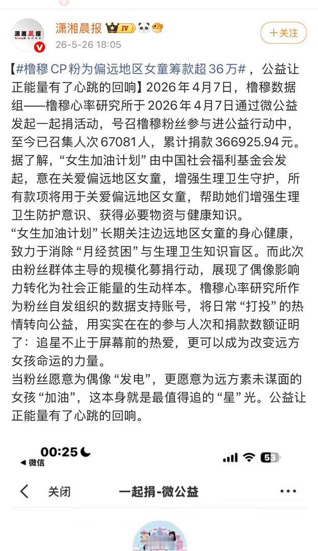橹穆粉丝公益行动，至今已召集人次67081人，累计捐款366925.94元👍?