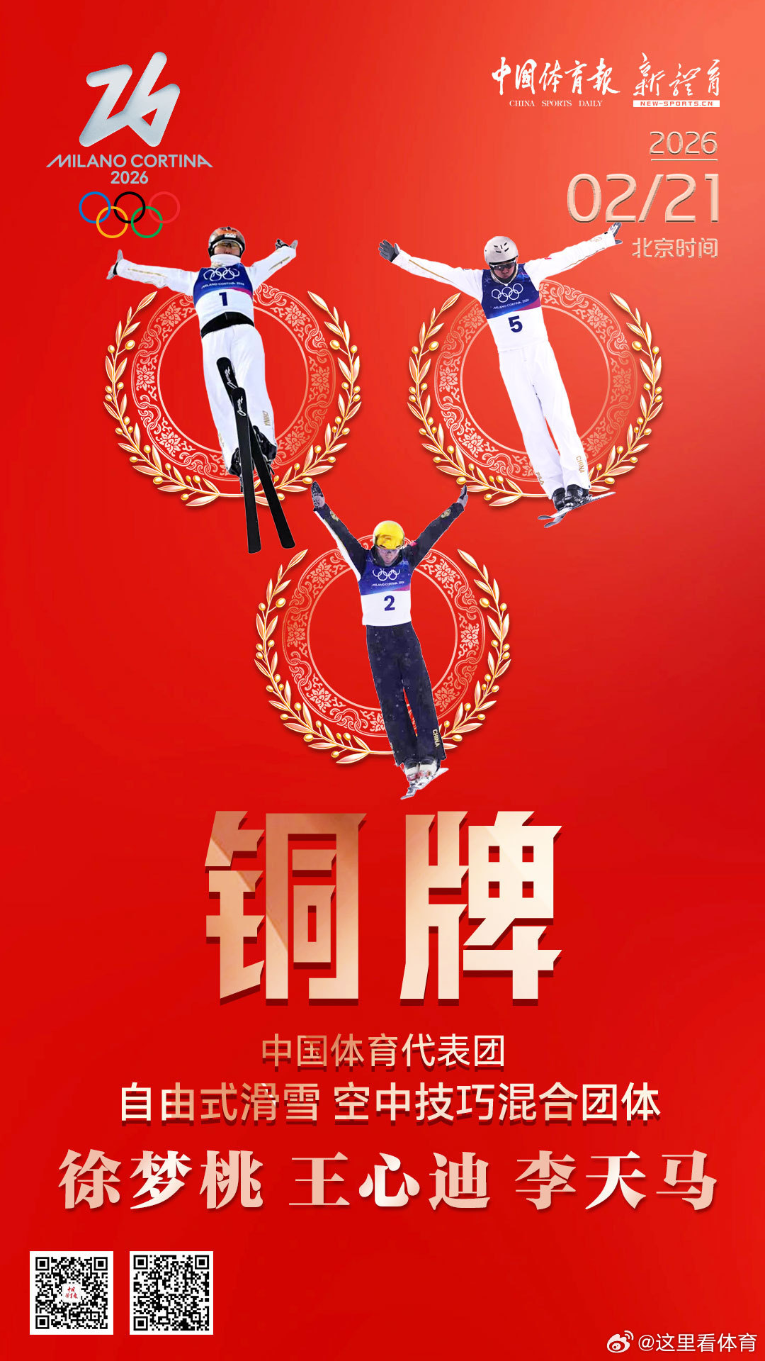 桃心夫妇带走四枚奖牌刚刚，在自由式滑雪空中技巧混合团体比赛中，李天马组成的中国队