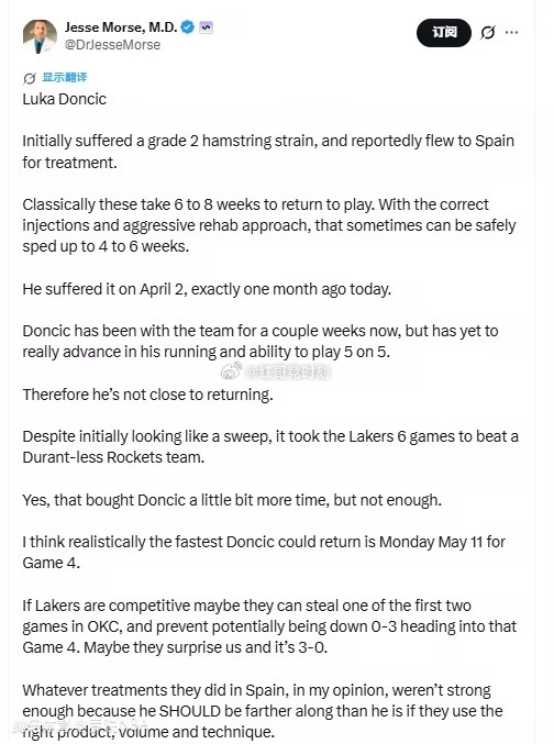 北京时间5月3日，医学专家Jesse Morse在社媒上谈到了东契奇的伤病，他认