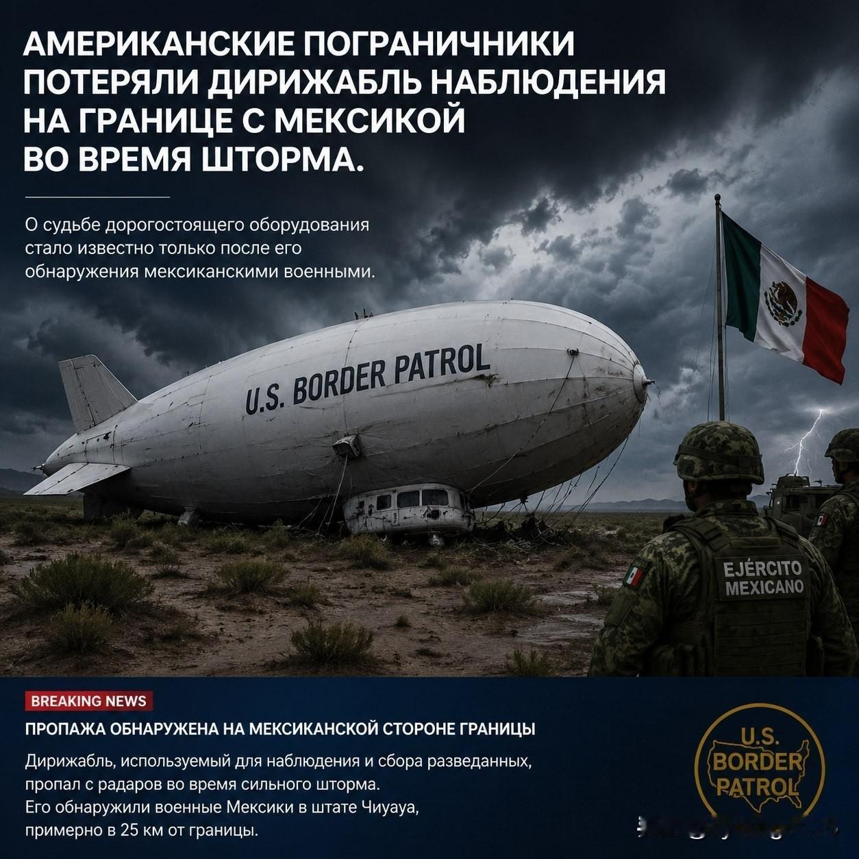 🇺🇸美国边境卫队在墨西哥边境地区的一场风暴中，丢失了一艘监控飞艇。

直到这