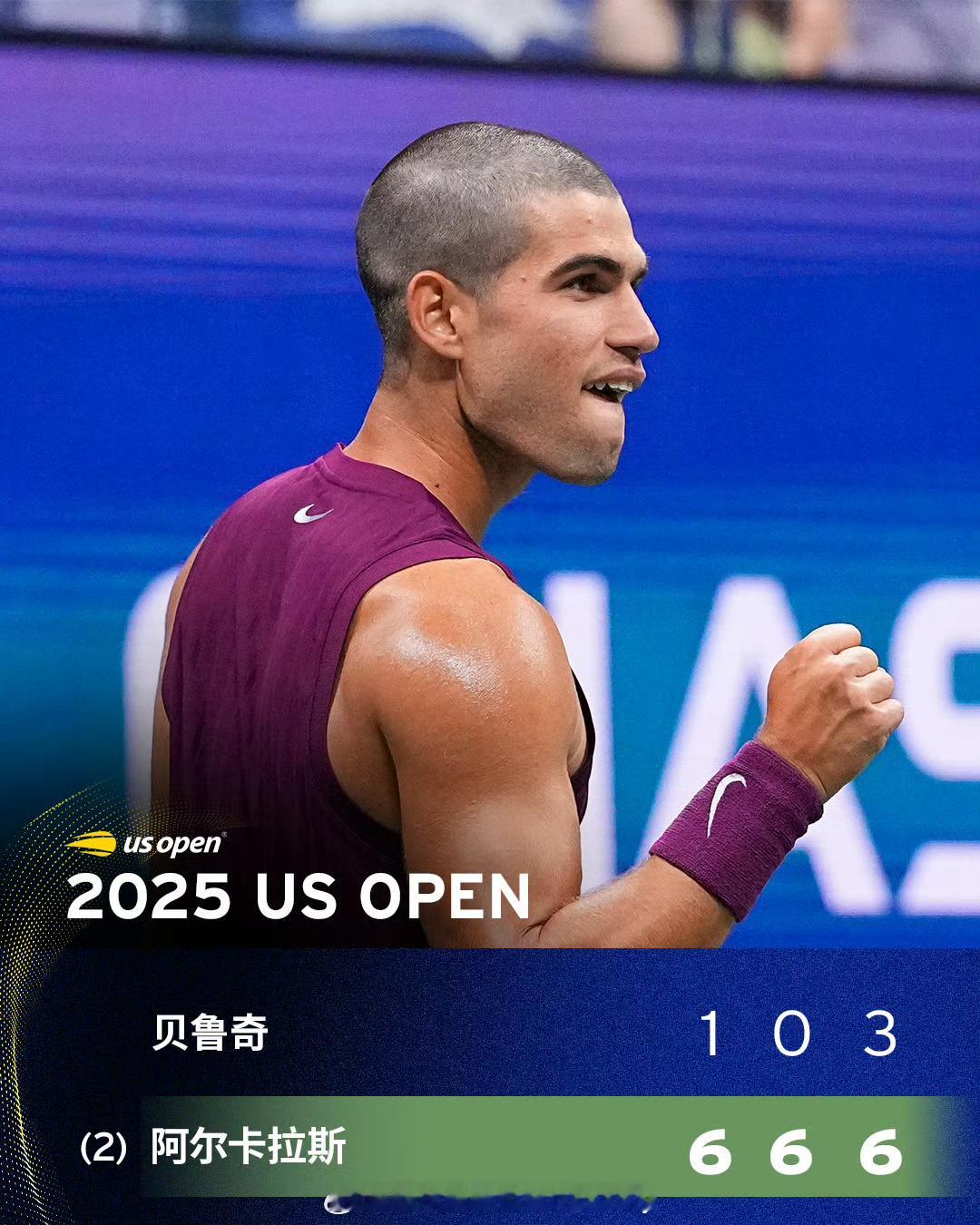 阿尔卡拉斯轻松晋级美网32强🔥美网2025 2号种子阿尔卡拉斯以6-1/6-0