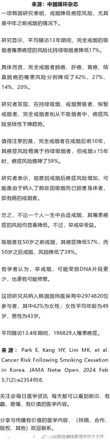 任何年龄戒烟，都能减少癌症！JAMA子刊研究一项韩国研究表明，戒烟降低癌症风险，