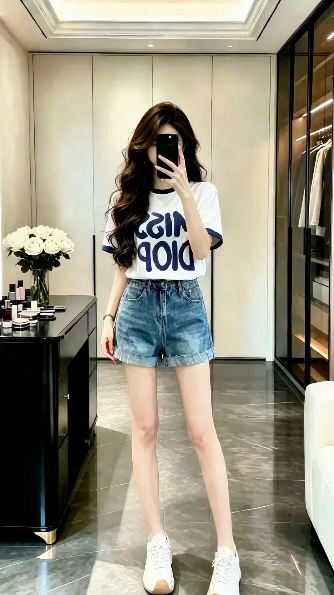 牛仔短裤夏天 夏季简单穿搭 日常穿搭自由 牛仔短裤搭配t恤 小个子穿搭