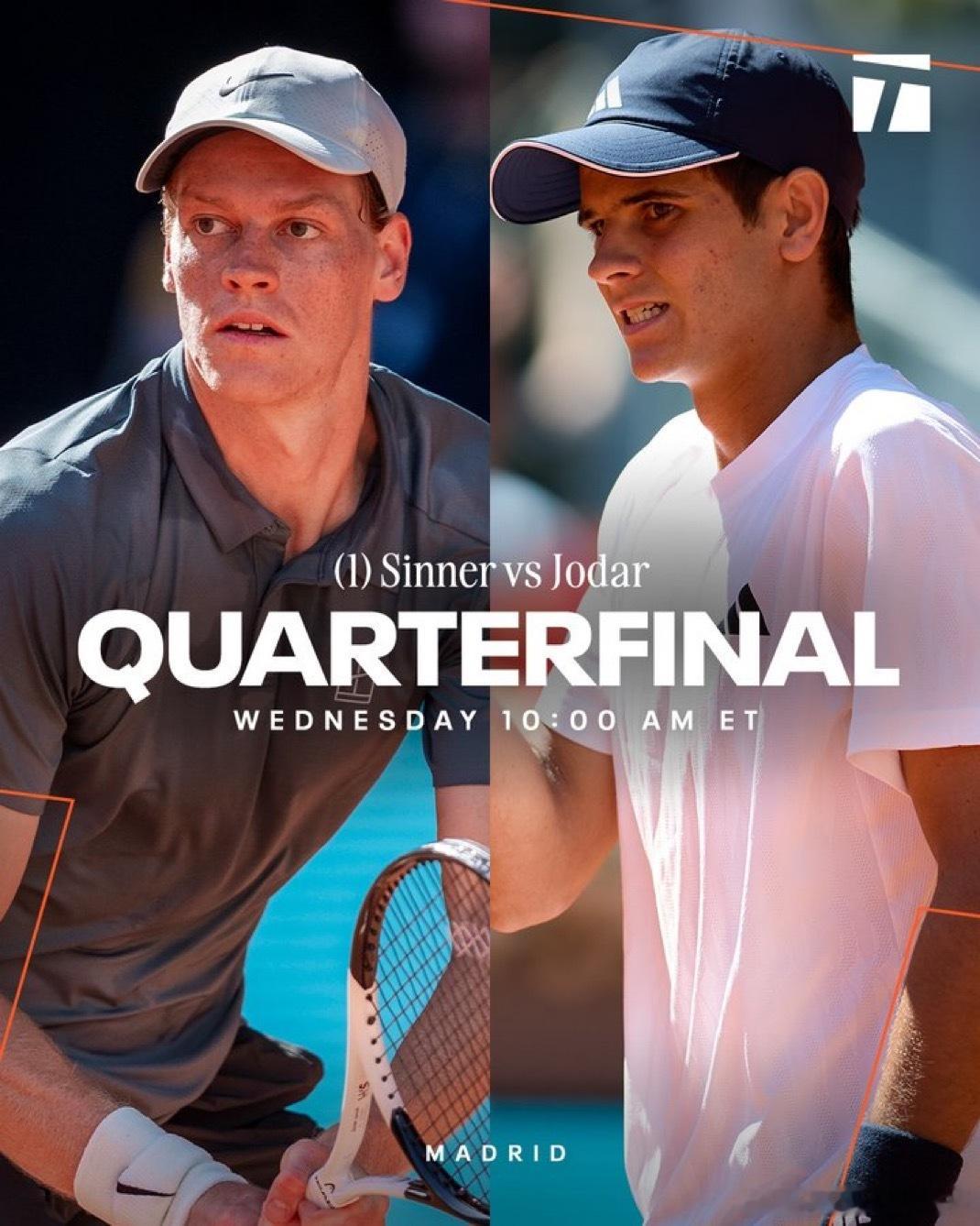 马德里今日赛程 辛纳vs霍达尔！19点卡普🇨🇿vs波塔波娃🇦🇹22点辛纳