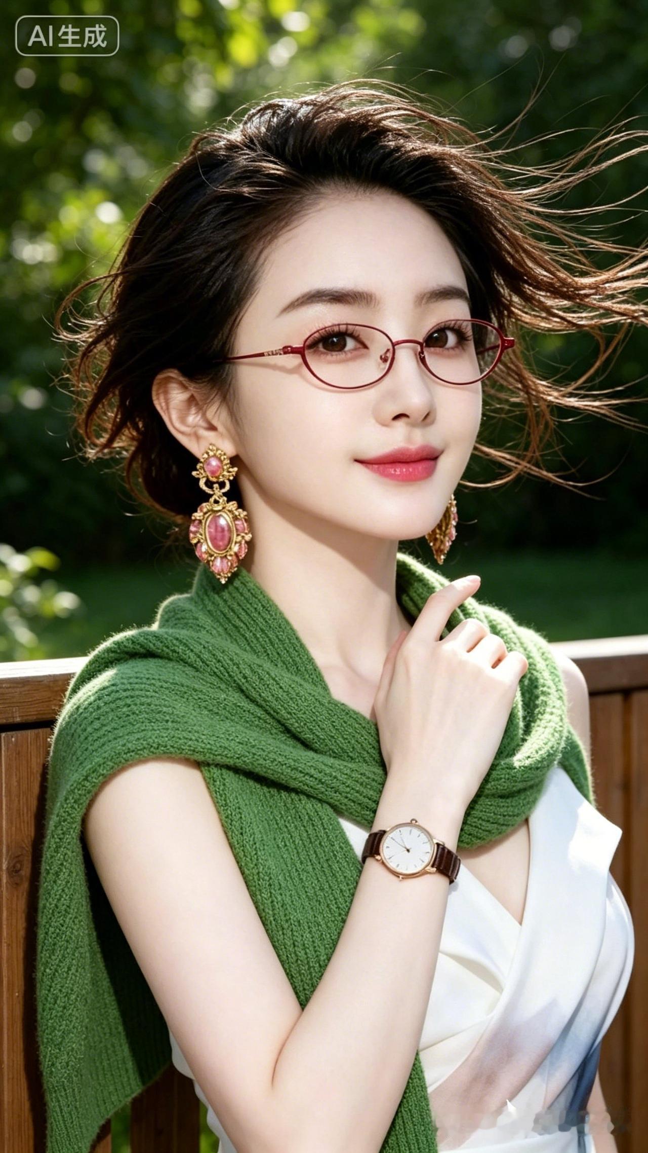 黑盘发少女身披绿针织披肩，冷白陶瓷嫩肌，侧光拂动碎发，木围栏与绿植虚化背景，莫兰