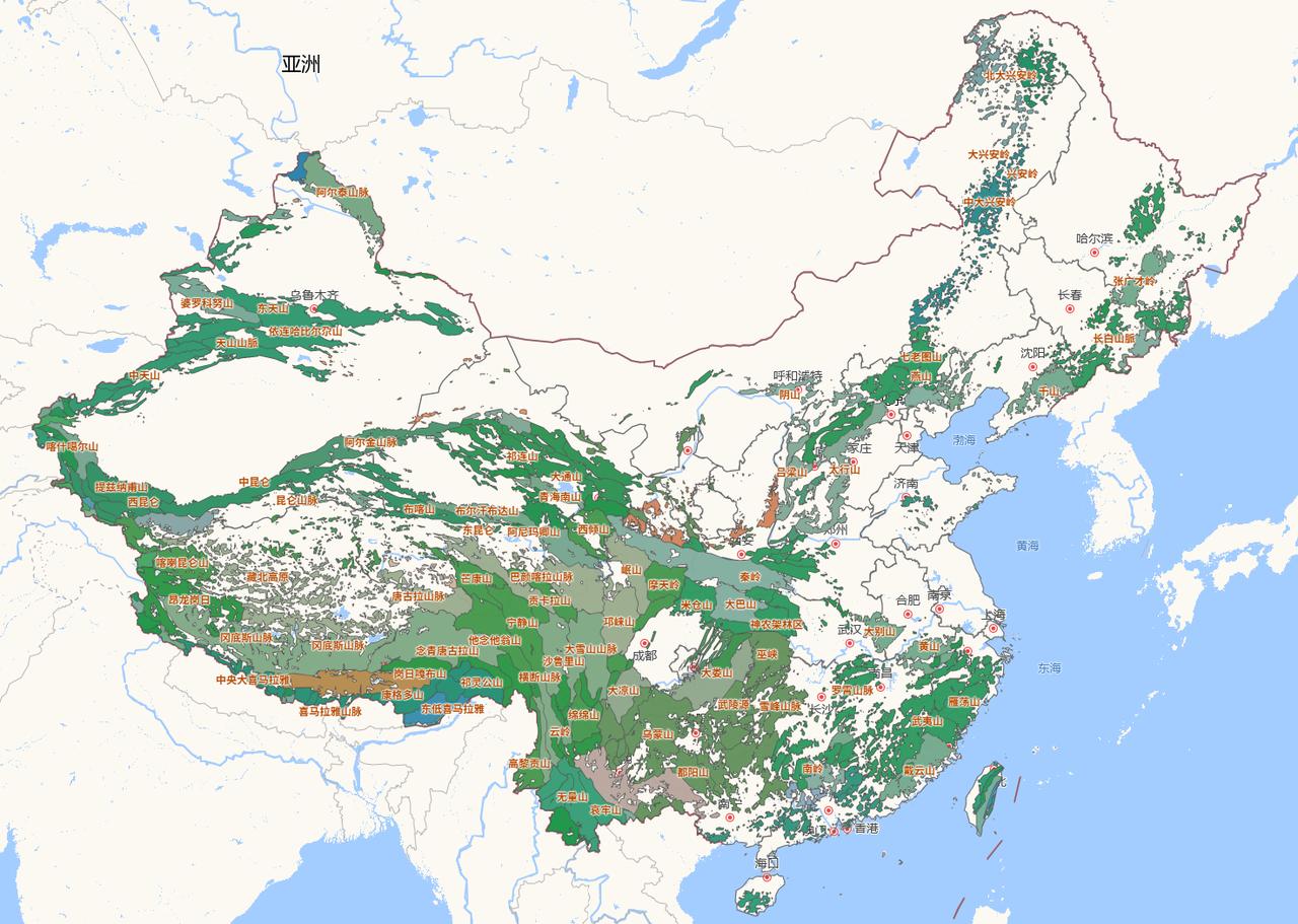 我国山脉分布图，看起来基本没有山脉的是江苏和上海，只有山脉没有平原的恐怕要数贵州