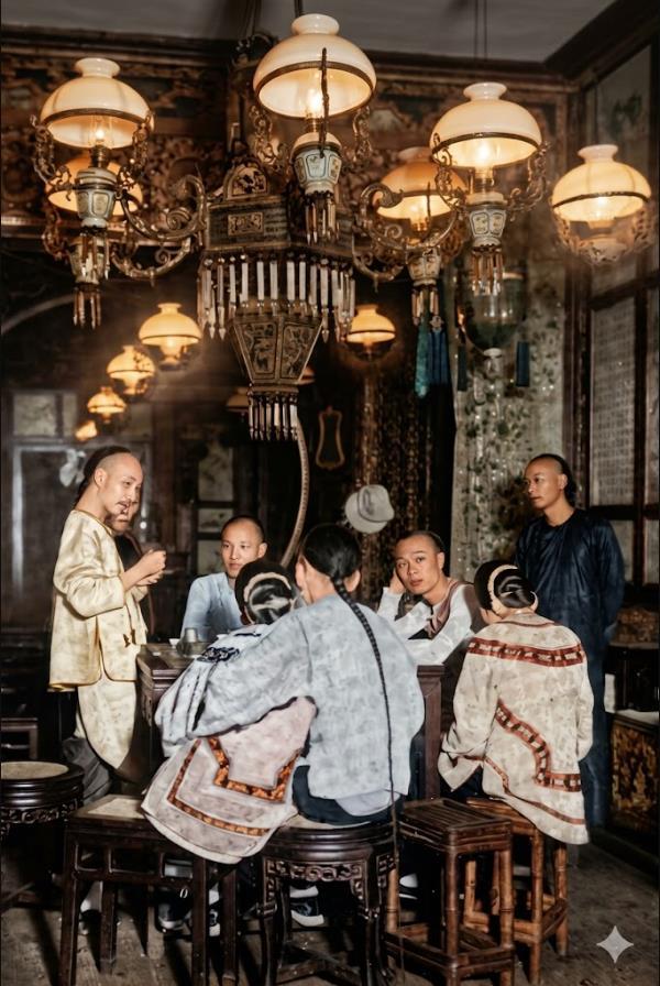 清代，高档花船夜宴，舱顶错落悬挂多盏带玻璃灯罩的雕花宫灯，形制精巧、垂饰繁复，桌