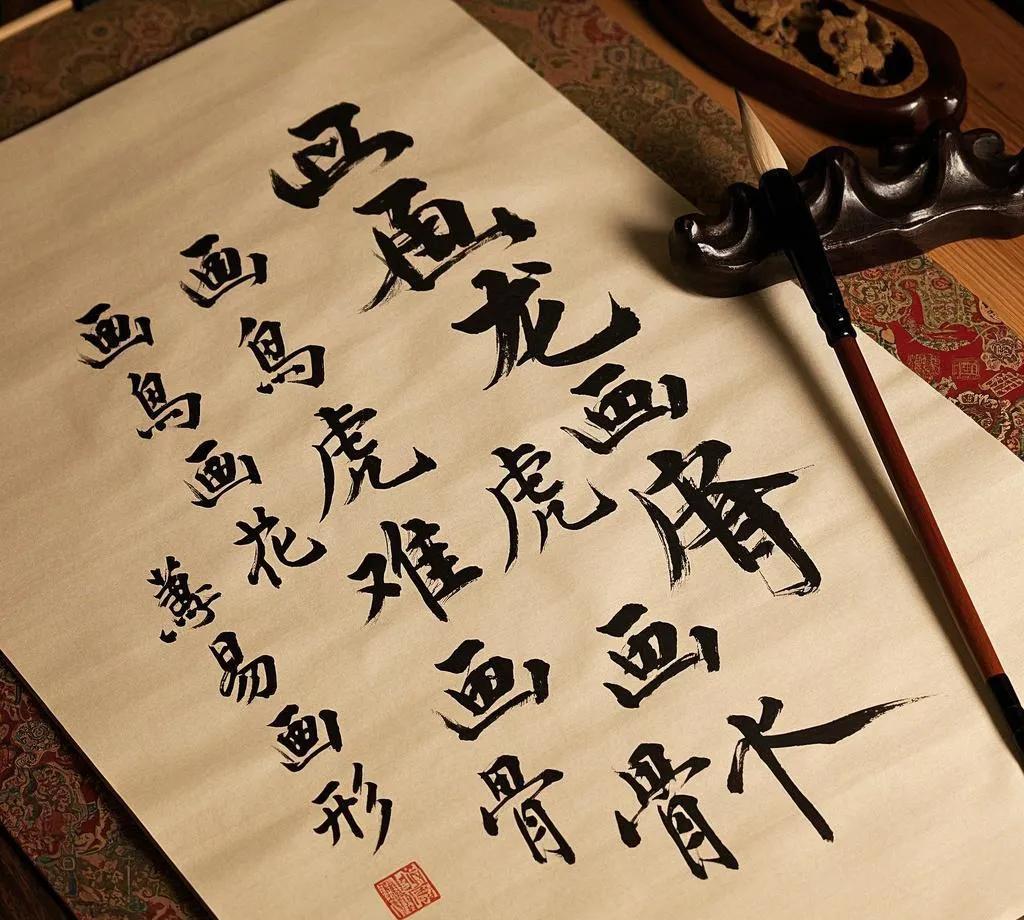 - 知人知面不知心：这是最为常见的一种对法。“画龙画虎”对“知人知面”，都是动宾
