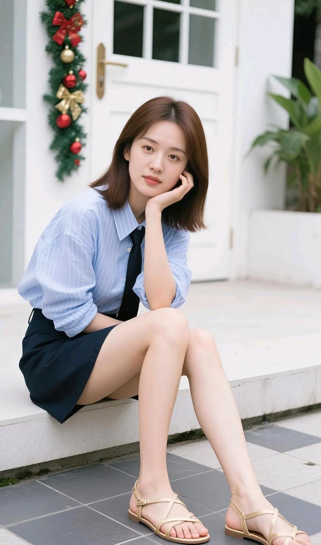 优雅气质，蓝白条纹衬衫搭配黑色短裙，轻松自然，完美展现都市女性的时尚魅力。