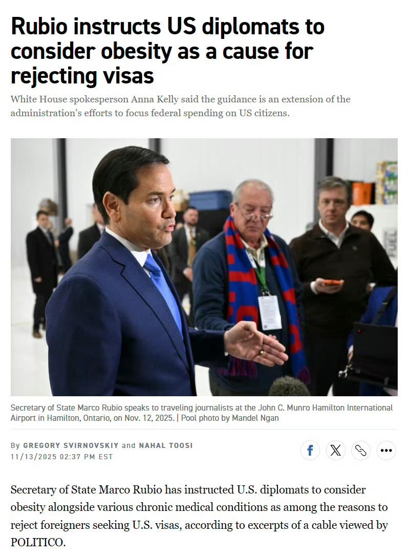 美国将拒绝胖子入境。
鲁比奥已指示美国签证官：拒签外国胖子。因为外国胖子一旦在美