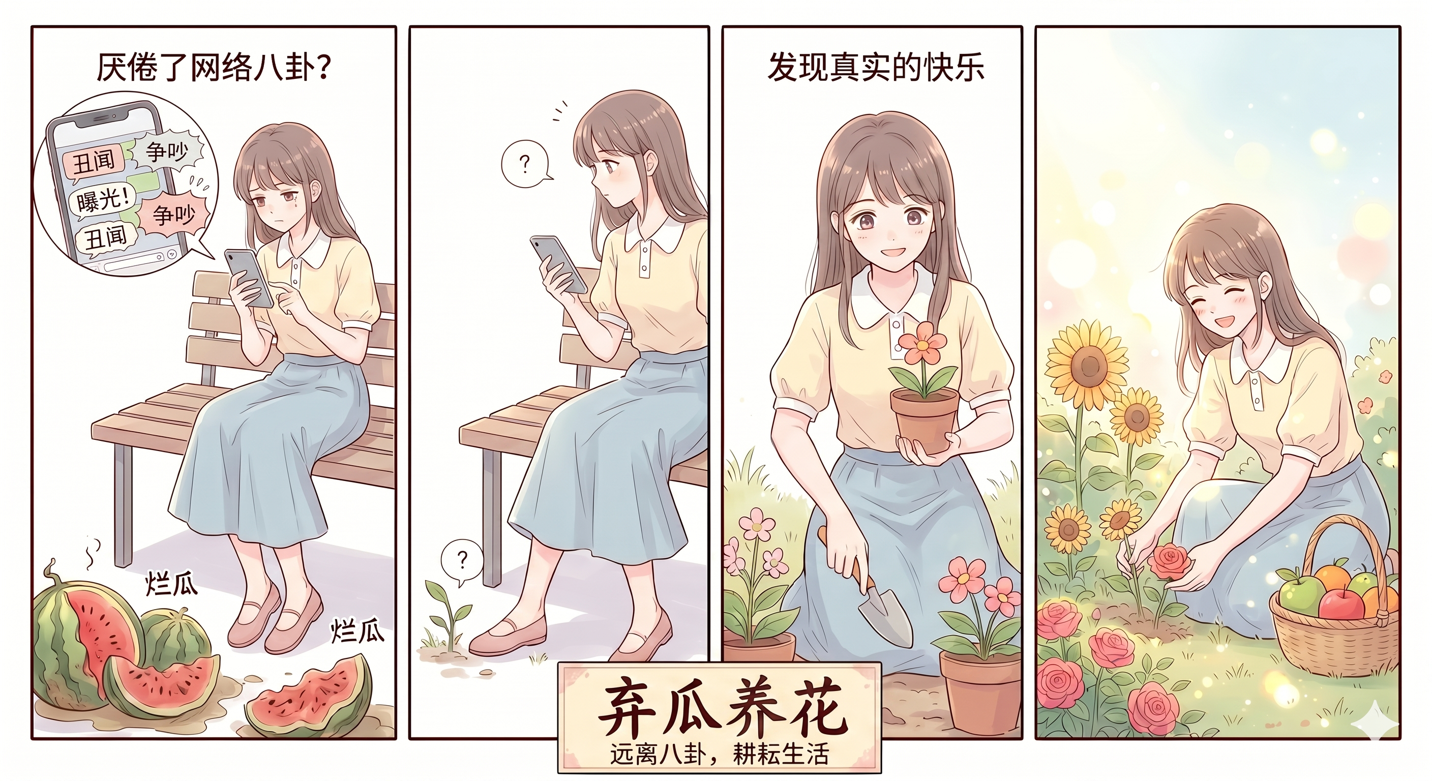 弃瓜养花 指放弃吃无营养的网络烂瓜，去现实中养自己的花。弃瓜养花才是人间清醒 ，