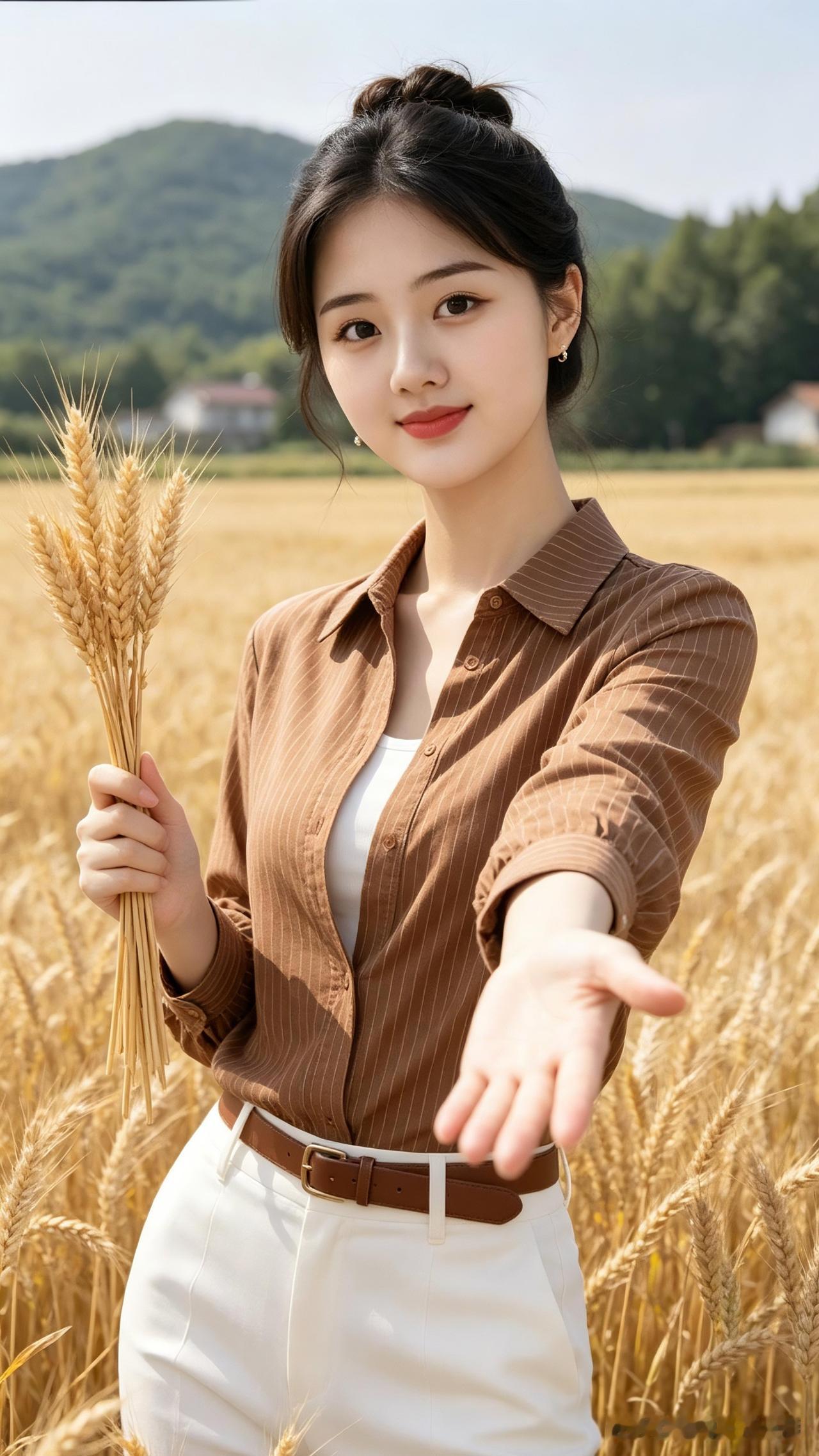 田园少女手捧麦穗，微笑迎接美好一天！🌾🌸