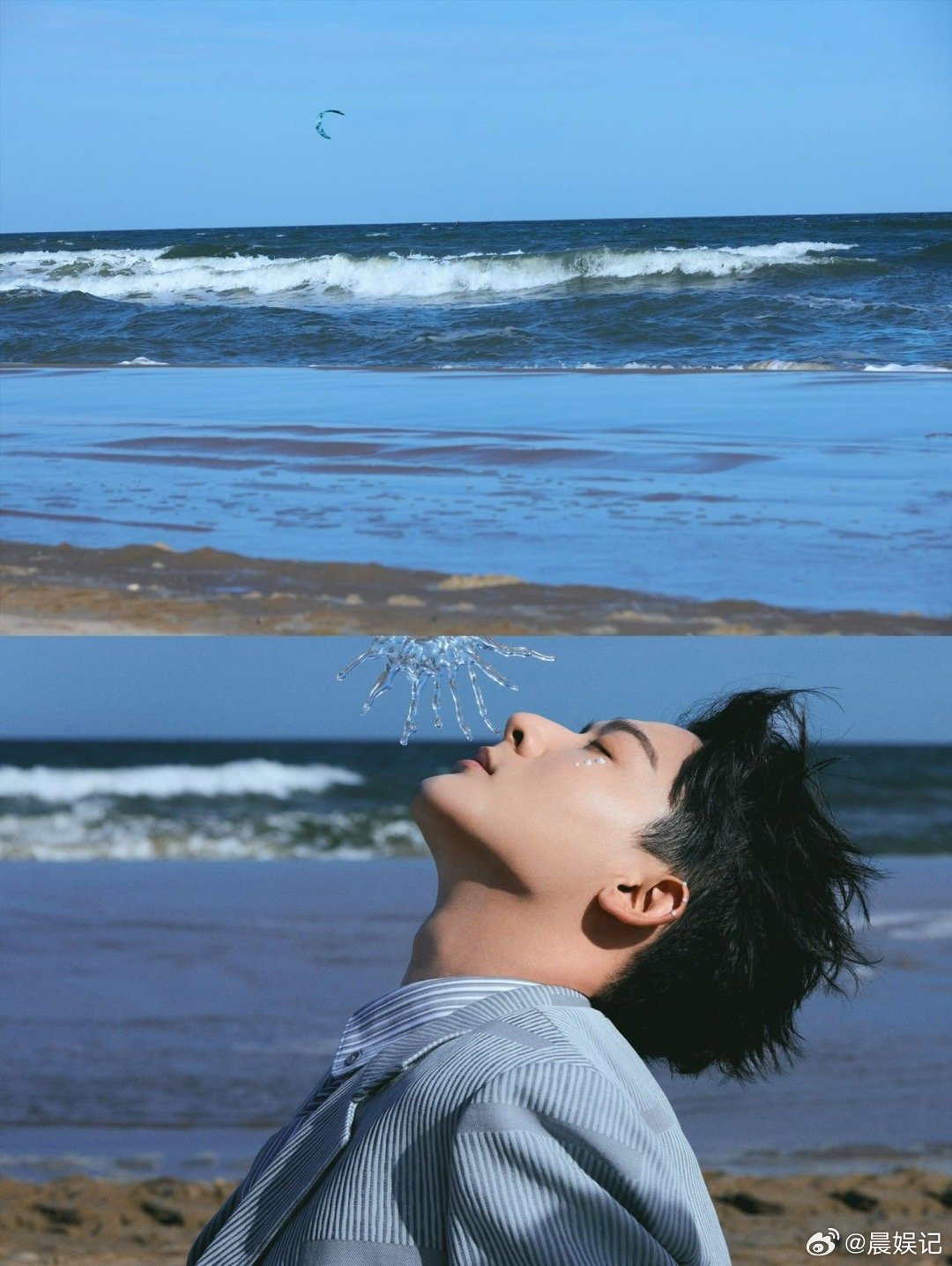 #张晚意睁不开眼 我挪不开眼# 张晚意海边的模样太迷人，阳光虽让他难以睁眼，却挡