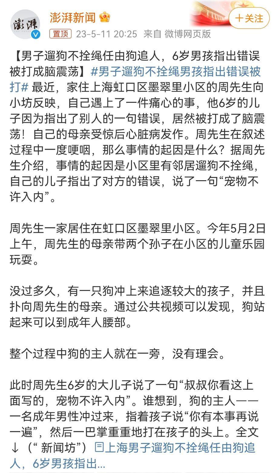 上海一名6岁男孩说了一句宠物不许入内，被狗主人打成脑震荡，如何看待此事？
狗真的