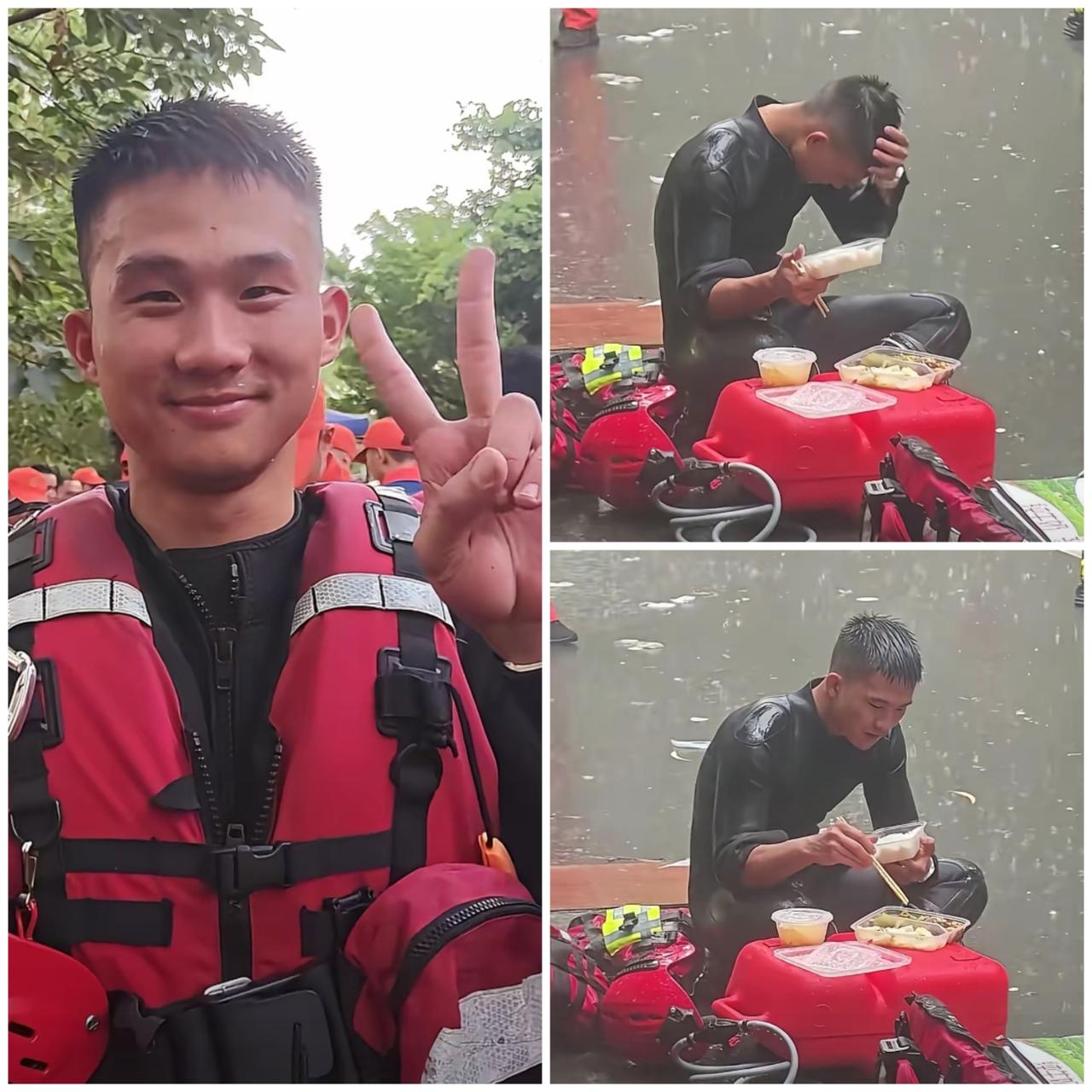 救援任务刻不容缓。他没躲，就那么坐在雨里，把饭扒进嘴里。

梁焕今年26岁，入职