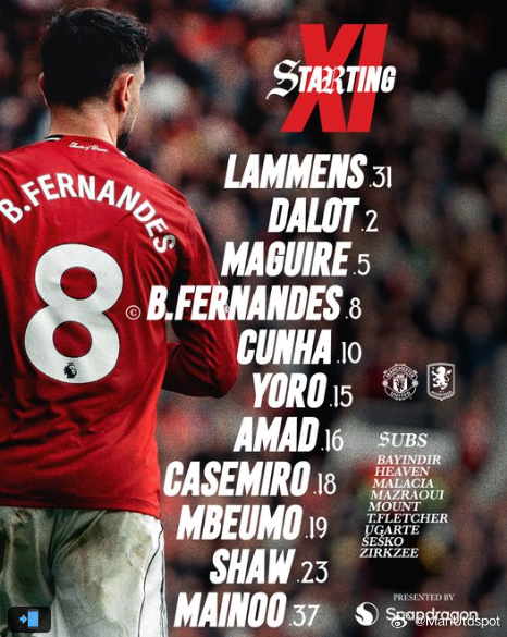曼联首发：拉门斯，达洛特，马奎尔，约罗，卢克肖，卡塞米罗，科比梅努，B费，库尼亚