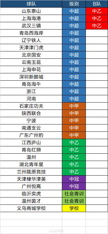 参加今年中青赛（男子U20组）的球队列表。此次赛事由原U21联赛和U19联赛合并