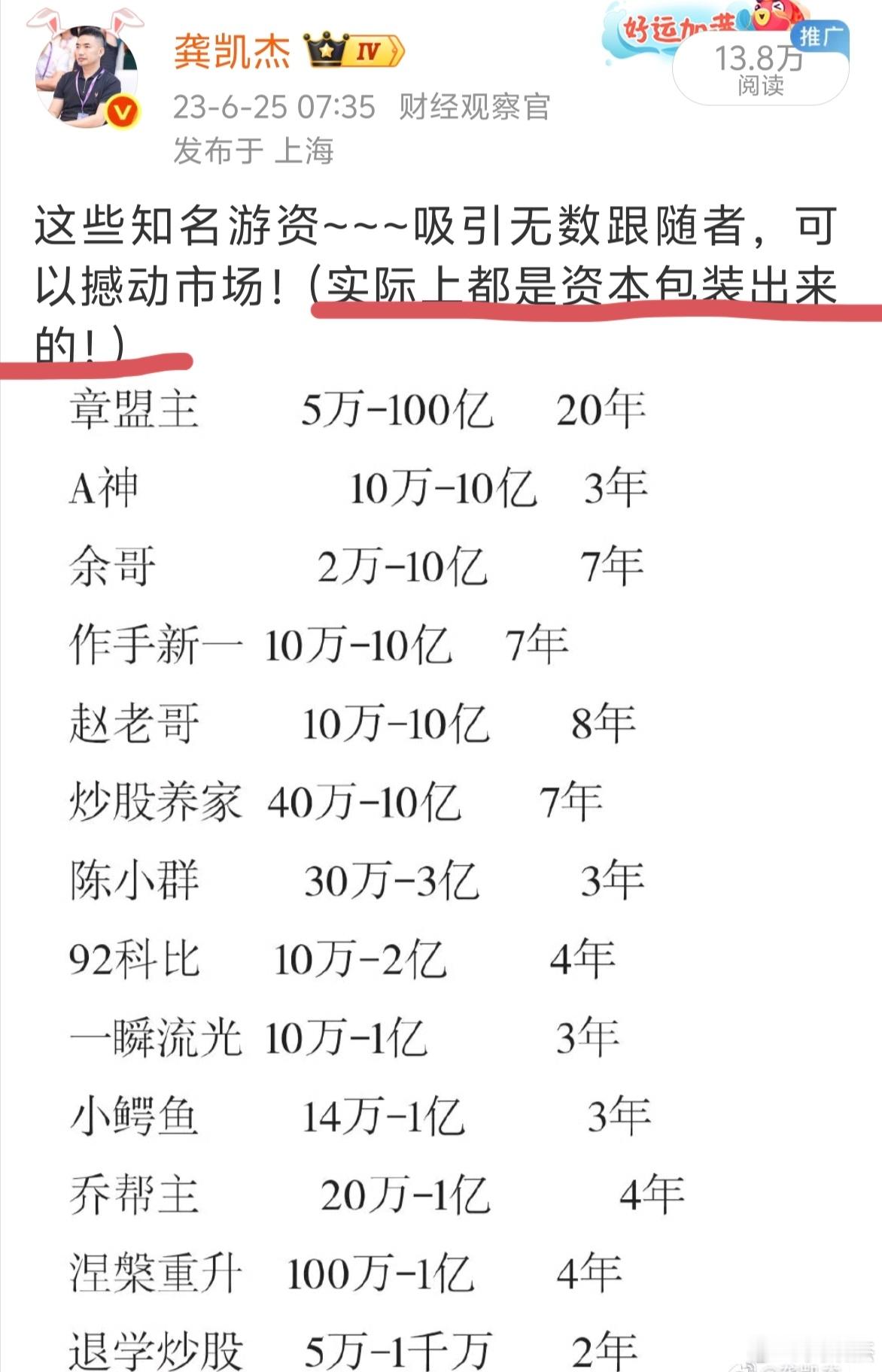 游资从几万做到几个亿，大部分都是资本包装出来收割韭菜的，这种业绩都能造假，所以不