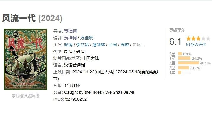 《风流一代》豆瓣开分6.1分，贾樟柯独立导演长片最低分的一部，这种带着一些实验性