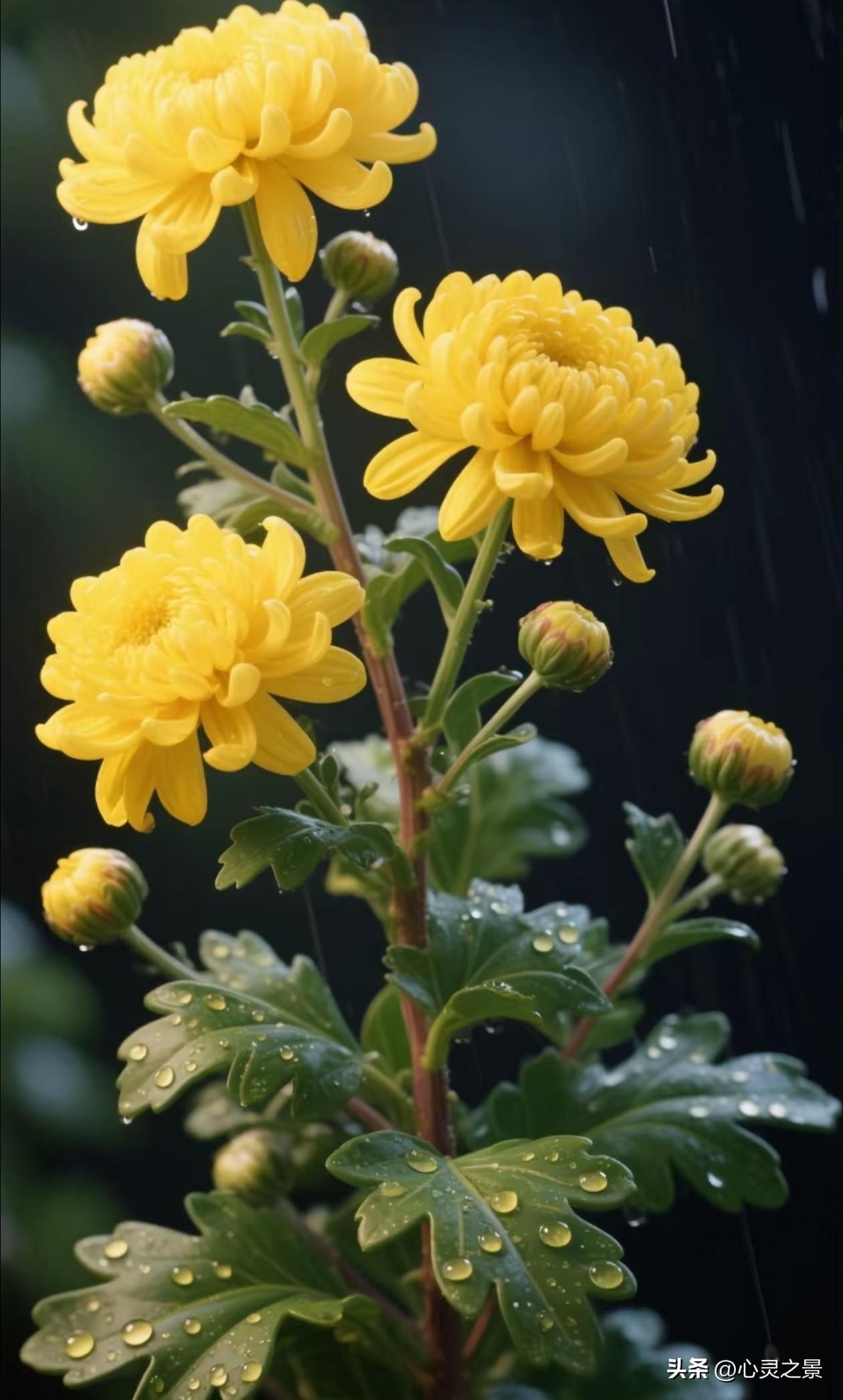 雨后明黄菊花缀满剔透水珠，盛放的繁花与青涩花苞共生一枝，在深色背景里透出温暖治愈