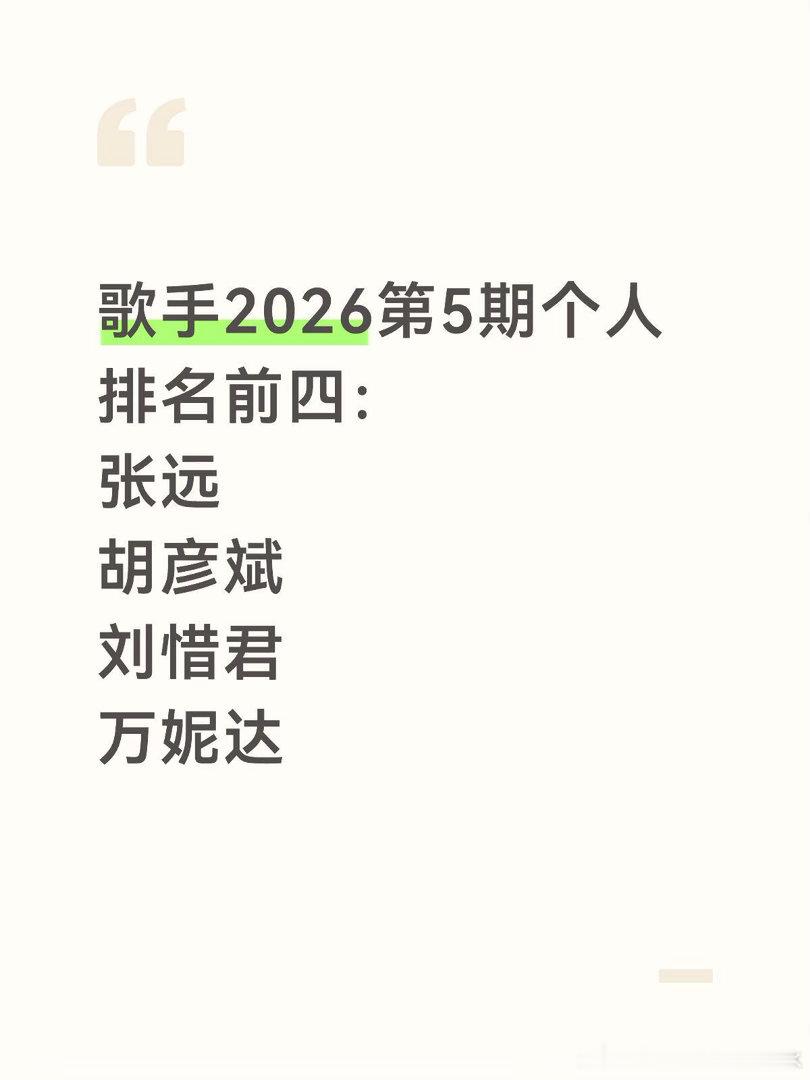 歌手2026第5期个人排名1.张远，声音可塑性好高哇，而且声音控制力很好，那一句