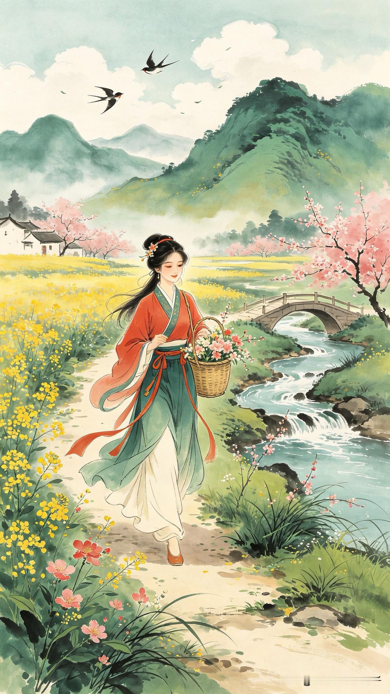 青莎小径印鞋痕，
风曳罗衣过野村。
采得春光盈竹篓，
        
…………