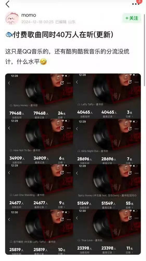 虞书欣当初发歌凌晨在线40万收听的含金量还在上升，记得当初买专辑根本进不去，卡的