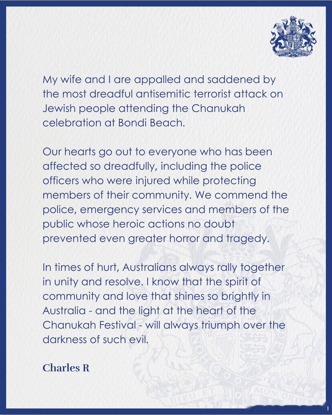 查尔斯三世国王 【news】这是国王在邦迪海滩反-犹-恐-怖袭-击后致澳大利亚人