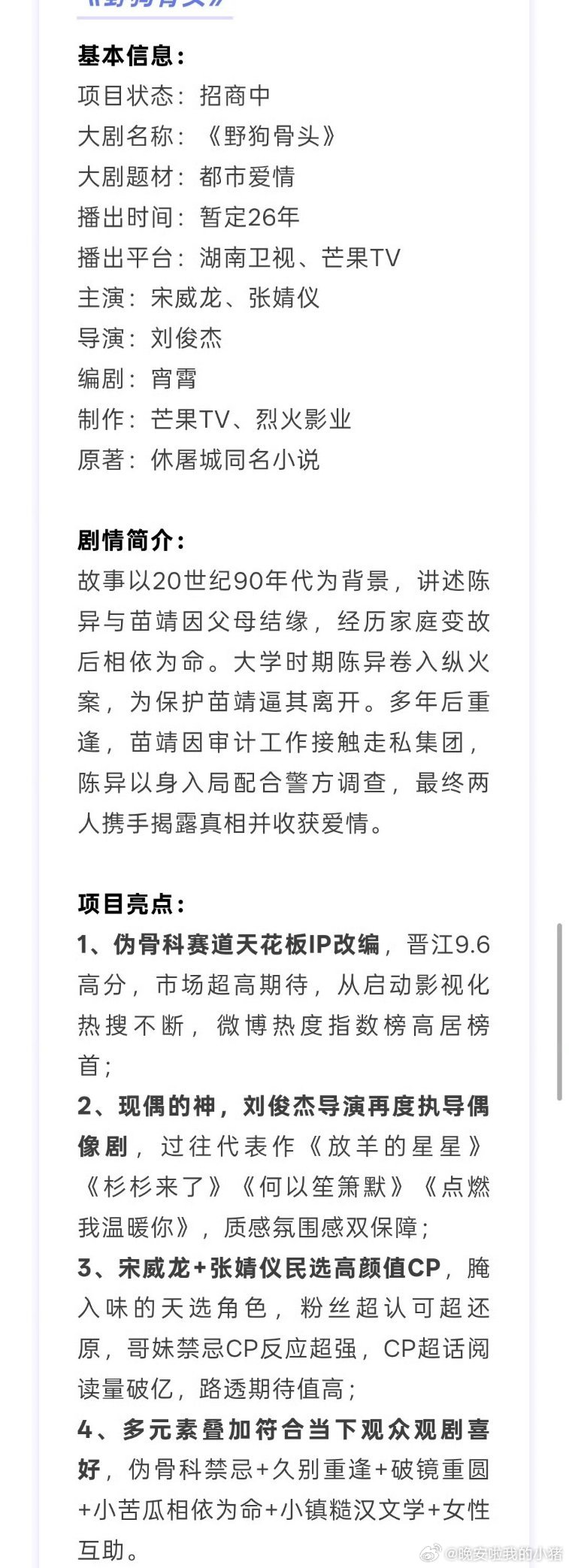 宋威龙张婧仪野狗骨头播前招商，要来了