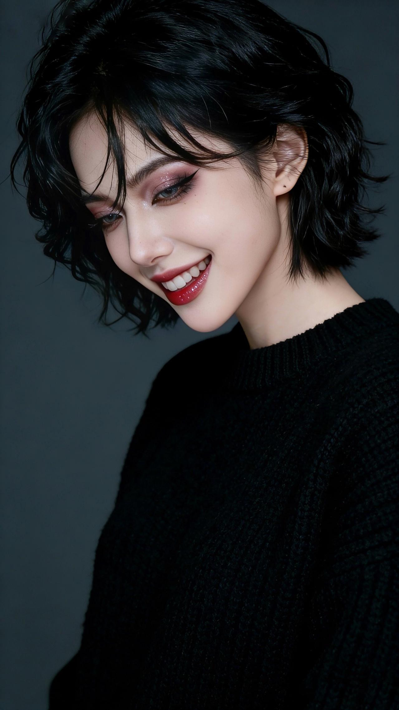 九帧同绘暗夜精灵。乌黑短卷发灵动摇曳，黑毛衣衬雪肌莹润。蓝眸藏星，粉调眼妆添妩媚