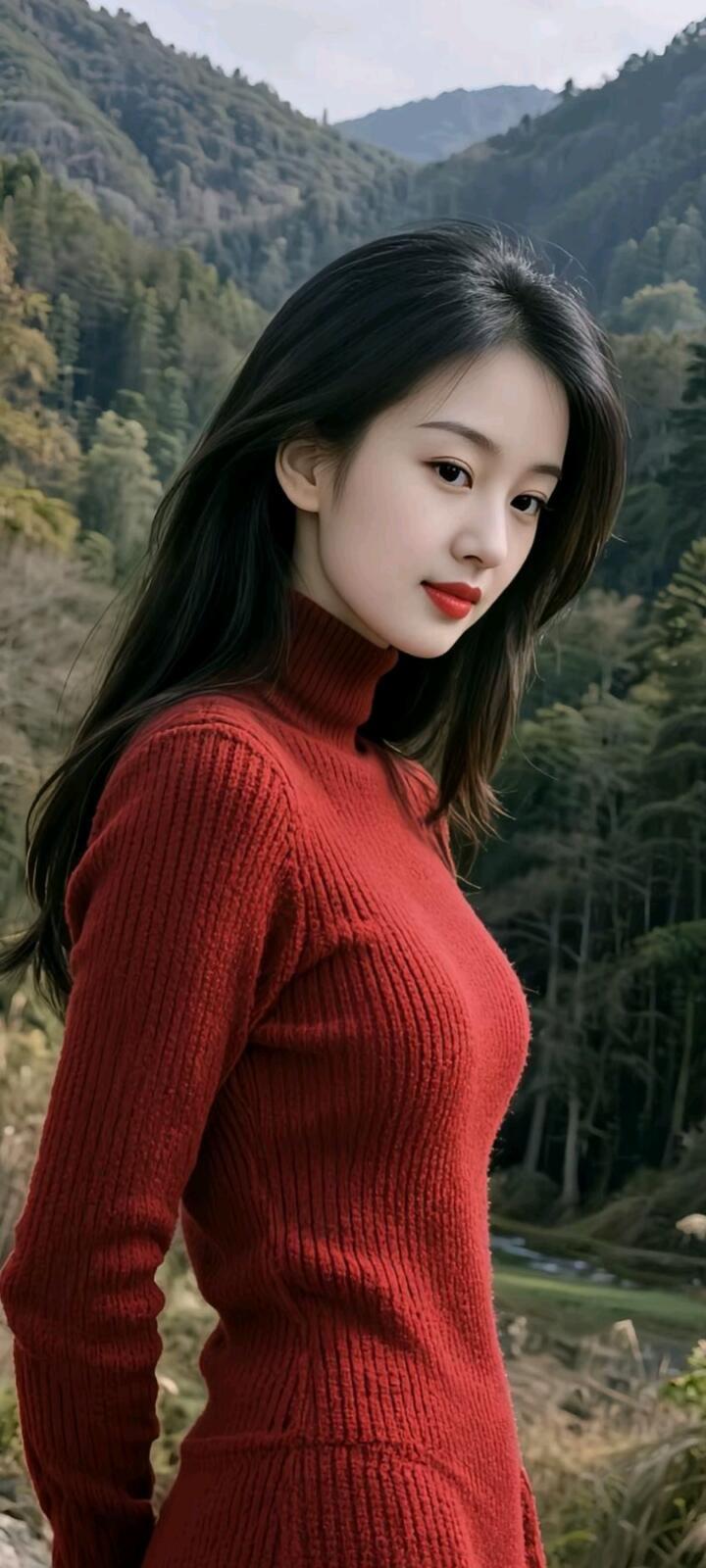 红衣少女与青山相依，自然之美尽显眼前。