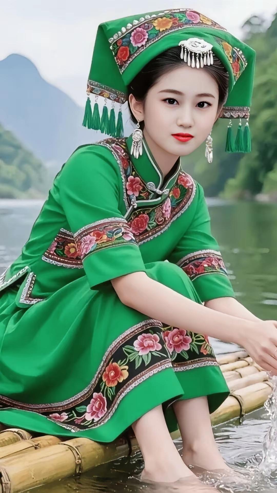 一个穿着绿色民族服装的女孩坐在竹筏上。