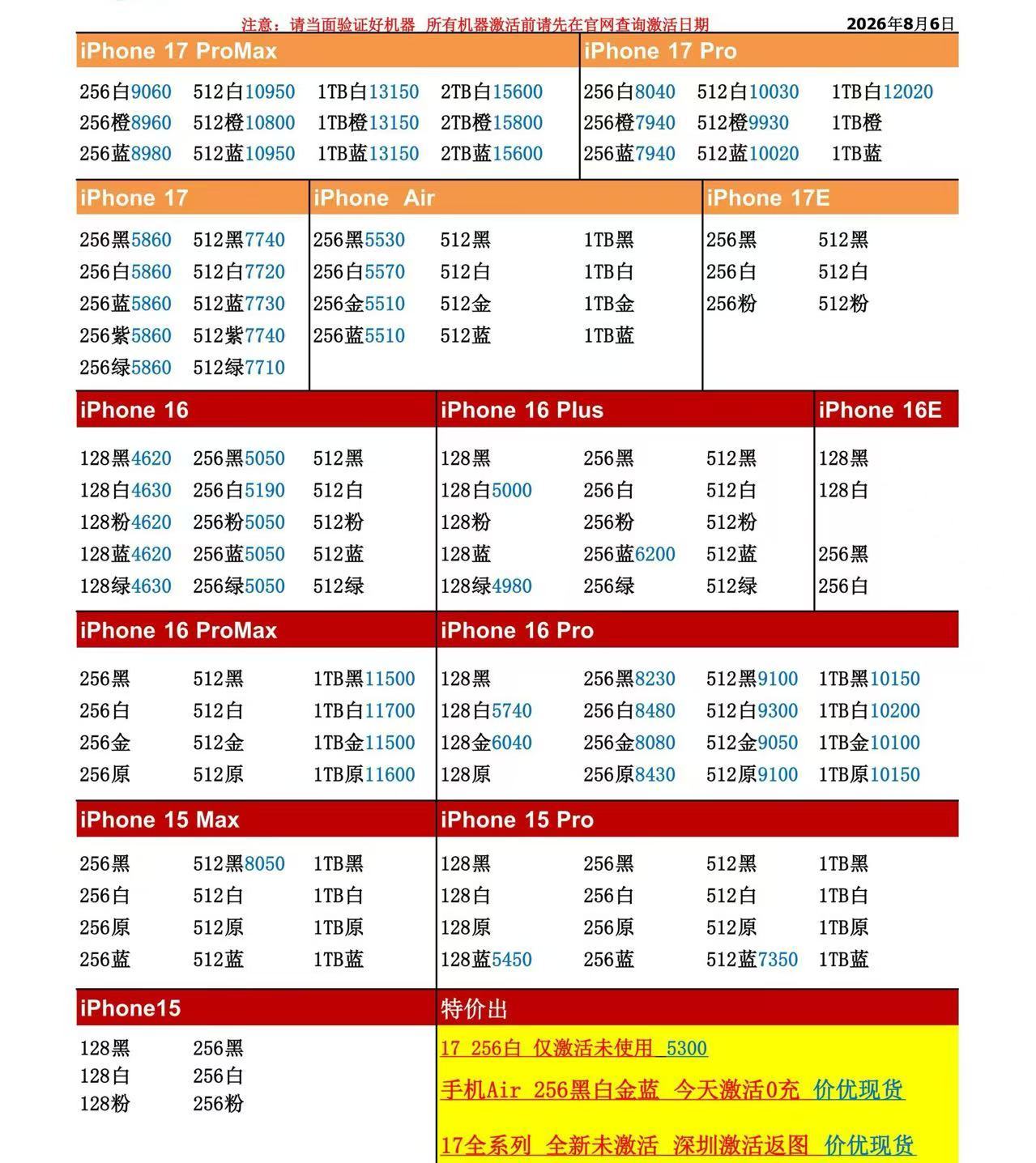26年8月6日国行苹果手机系列价格更新，今天的17系列多数型号小涨，少数小涨六七